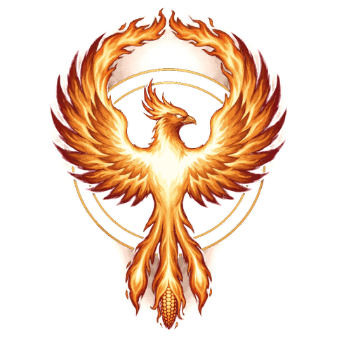 Phoenix's logo: a phoenix of flame in a gold ring, an ear of corn of embers below it